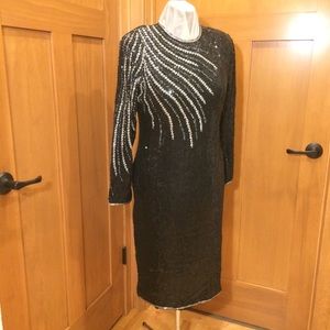 VTG Black Silk Sequins and Beaded Cocktail Dress L